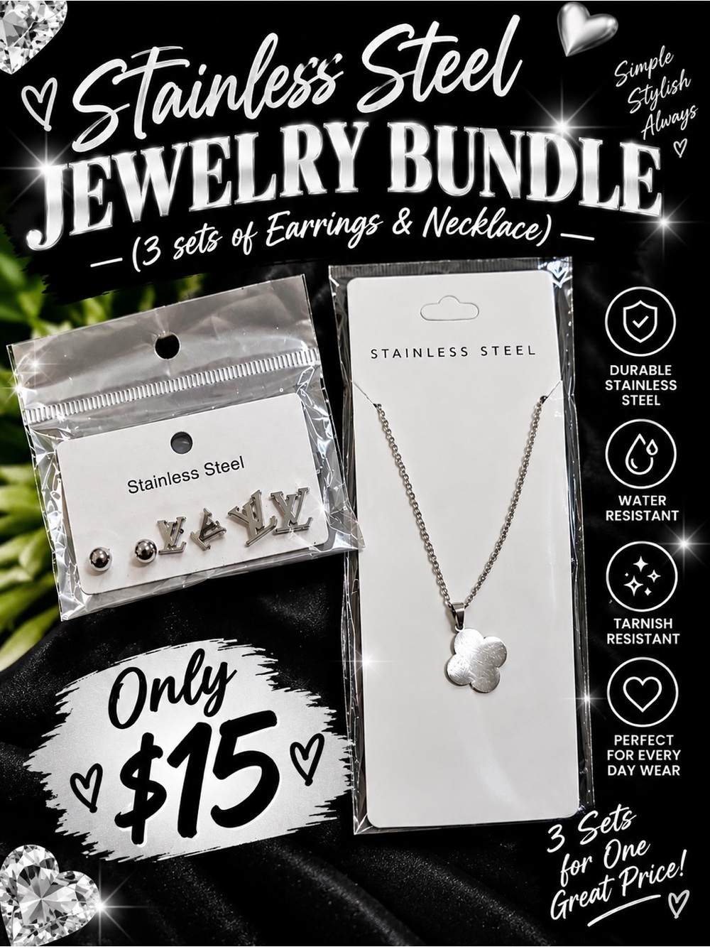 Stainless Steel Women's Jewelry Bundle - Silver Necklace & Earrings Set